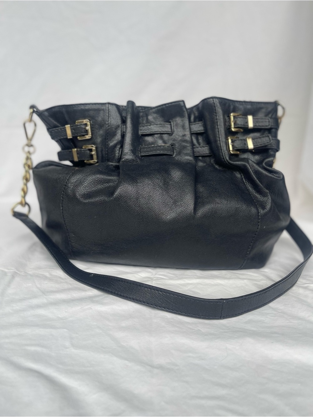 Michael Kors Black Leather Buckle Detail Shoulder Bag Gold Hardware Hobo